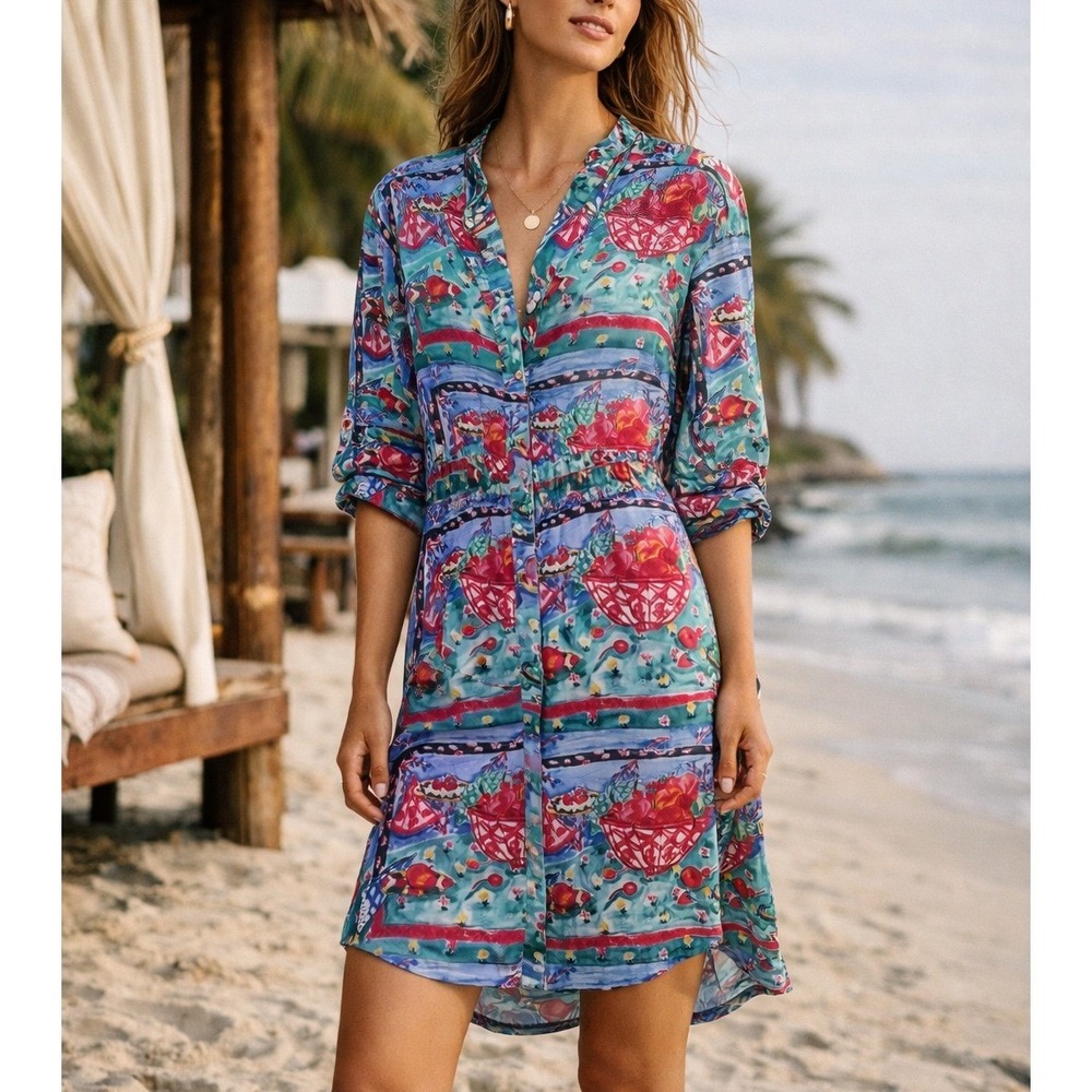 HD Paris Sz L Multicolor 100% Silk Button Front Tie Back Long Sleeve Midi Dress